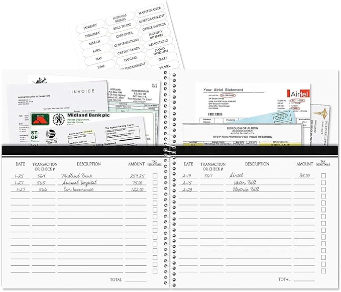 Fresh Patterns Bill Paying Organizer Book - Personal Account book, 9" by 12 inch, Spiral-Bound, 14 Pockets, 32 Label Stickers, Bill Tracking