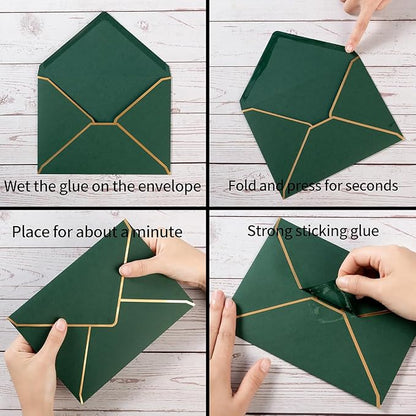 50 Pack A4 Envelopes Dark Green 4x6 Self-Adhesive V Flap Envelopes with Gold Border for Office, Wedding Gift Cards, Invitations, Graduation, Baby Shower, Parties (4.25x6.25 inches)