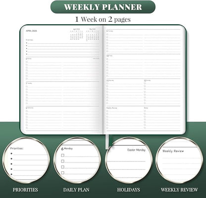 2026 Planner, Large Weekly and Monthly Planners, A4 Faux Leather Daily Calendar 2026 Planner, 12 Month Agenda from Jan. to Dec., Hardcover Habit Tracker Journal(Green)