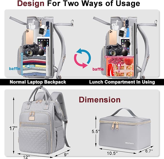 Weitars Lunch Backpack For Women,15.6 Inch Laptop Backpack For Women Backpack, Travel Backpack,Work Backpack For Women (Gray)