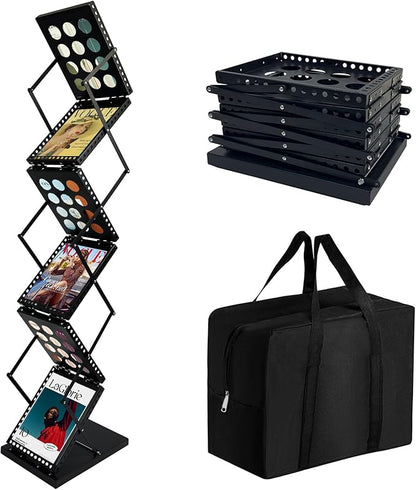 6 Pockets Foldable Magazine Rack, Pop up Brochure Display Stand, Catalog Literature Rack with Carrying Bag, Metal Magazine Display for Trade Show Office, A4 Size