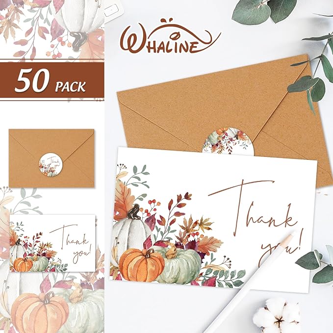 Whaline 50 Pack Fall Thank You Cards Bulk Boxed Watercolor Autumn Leaves Pumpkin Thank You Note Cards with Kraft Envelopes Sticker Thanksgiving Blank Greeting Cards for Wedding Baby Shower