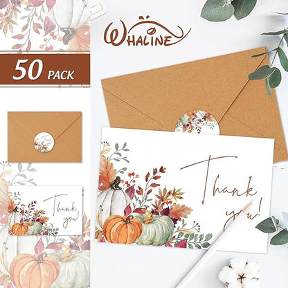 Whaline 50 Pack Fall Thank You Cards Bulk Boxed Watercolor Autumn Leaves Pumpkin Thank You Note Cards with Kraft Envelopes Sticker Thanksgiving Blank Greeting Cards for Wedding Baby Shower