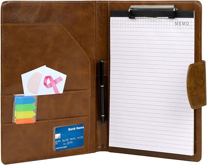 A4 Leather Portfolio Professional Organizer Padfolio,Stylish Document Folio Organizer with Magnetic,Resume Portfolios with Papers,Sticky Tabs,Pen for Interview Conference Presentation,Retro Brown