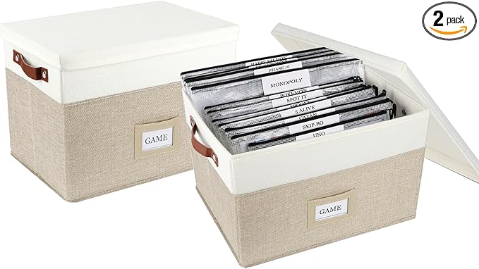 Board Game Storage, Board Game Organizer with 12pcs Zipper Bags and Writable Stickers, Board Game Organizers Storage with Lid for Office Supplies, Puzzles, Video Game, Craft Product,Beige