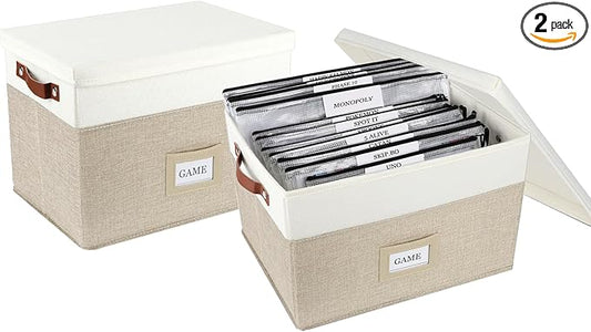 Board Game Storage, Board Game Organizer with 12pcs Zipper Bags and Writable Stickers, Board Game Organizers Storage with Lid for Office Supplies, Puzzles, Video Game, Craft Product,Beige