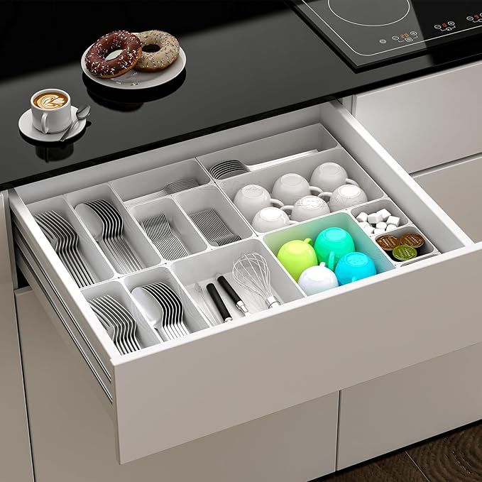 25 pc Plastic Drawer Organizer Set,4 Size Small Storage Containers for Organizing Jewelry,Utensil,Junk,Tea,Makeup,Shallow Drawer Organizers Tray Suitable for Office,Desk,Bathroom,Vanity,Kitchen,White