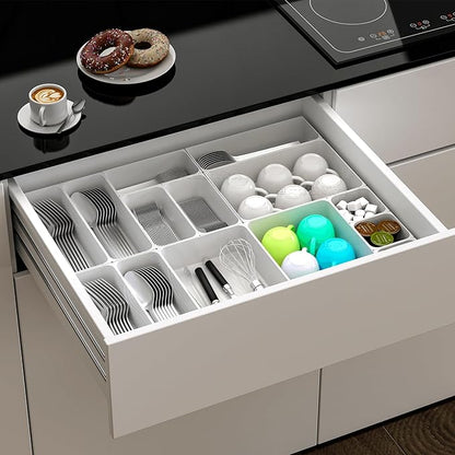 25 pc Plastic Drawer Organizer Set,4 Size Small Storage Containers for Organizing Jewelry,Utensil,Junk,Tea,Makeup,Shallow Drawer Organizers Tray Suitable for Office,Desk,Bathroom,Vanity,Kitchen,White
