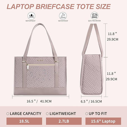 EMPSIGN Laptop Tote bag for women 16 Inch, Stylish Computer Shoulder Tote Bag for Work, Large Capacity Quilted Laptop Briefcase, Waterproof Women Business Office Bag, Quilted Grey Pink