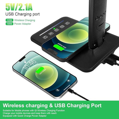 Desk Lamp with Wireless Charger, USB Charging Port, Dimmable Office Desk Light with Clock, Alarm, Date, Temperature, Foldable Lamp for Table Bedroom Bedside Office (Black Pro)