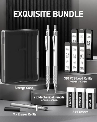 Four Candies 2PCS Metal Mechanical Pencils Set with Case, 0.5mm & 0.7 mm Artist Pencil with 6 Tubes (360PCS) HB Lead Refills, 3 Erasers,9 Eraser Refills For Writing Drafting, Drawing, Silver