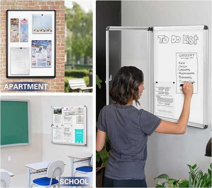 SWANCROWN Enclosed Notice Board Magnetic Bulletin Boards for Office with Locking Door,Black Frame, 26x20inch(4XA4