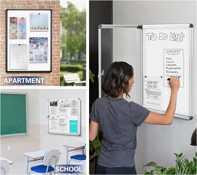 SWANCROWN Lockable Noticeboard White Bulletin Boards Magnetic Wall Mount Message Board with Glass Door and Keys 28x26inch(6xA4)