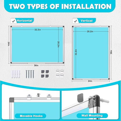 WALGLASS Magnetic Whiteboard 36"x24" Dry Erase White Board for Walls with Pen Tray, Aluminium Frame and Dry-Wipe Writing Surface for Kids' Drawing, Home, and Office (Blue)