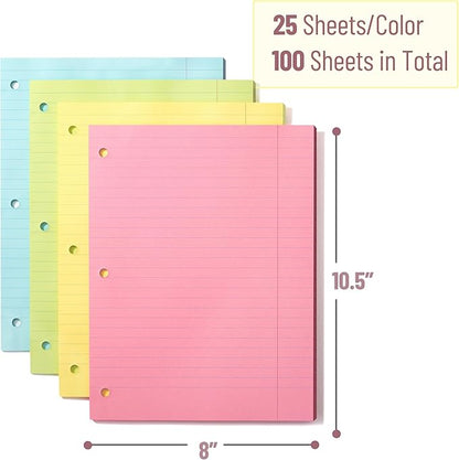 Mr. Pen- Colored Loose Leaf Paper Wide Ruled, 100 Sheets, 8” x 10.5”, 3- Hole Punched, Notebook Paper, Lined Paper, Binder Paper, Writing Paper, Filler Paper, Wide Ruled Notebook Paper