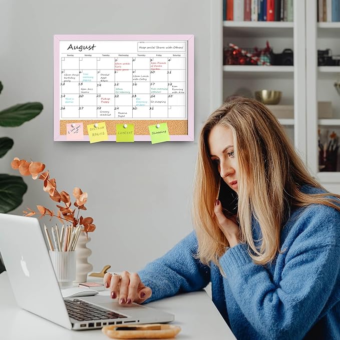 Dry Erase Calendar Cork Board Combo, 17"x13" Calendar Whiteboard for Wall, Magnetic White Board Monthly Calendar with Pink Wood Framed, Dry Erase Board for Planner Office Kitchen Home Memo