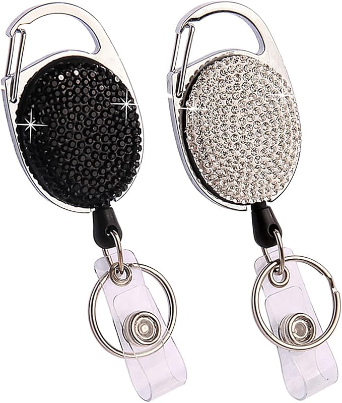 VIQWYIC 2 Pack Retractable ID Badge Holder with Clip, ID Name Badge Reels with Bling Rhinestones Retractable Card Holder for Office Worker Teacher Doctor Nurse(Black&Silver)