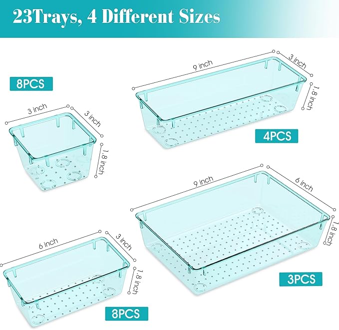 23 PCS Clear Plastic Drawer Organizers Set, 4 Size Desk Drawer Organizer Trays for Makeup, Jewelry, Kitchen Utensils, Gadgets and Office Accessories, Sea Blue