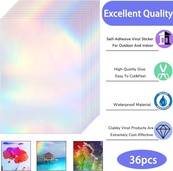 36 Sheets Holographic Sticker Paper Clear A4 Vinyl Sticker Paper Self Adhesive Waterproof Transparent Film Gem Rainbow Star Patterns, 11.7 x 8.3 Inch (Colorful)