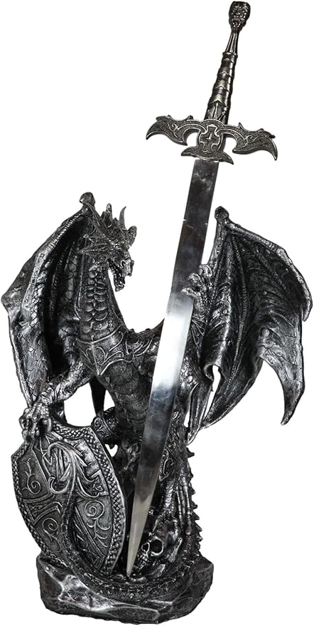 Ebros Gift Legendary Silver Coat of Arms Knight Dragon Holding Heraldry Plague Shield and Druid Sword Letter Opener Figurine Home and Office Decorative Sculpture Medieval Dungeons and Dragons Fantasy