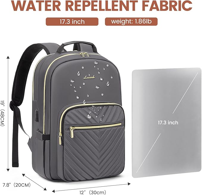 LOVEVOOK Laptop Backpack for Women 17.3 inch,Cute Womens Travel Backpack Purse,Professional Laptop Computer Bag,Waterproof Work Business College Teacher Bag Carry on Backpack with USB Port,Purple Gray