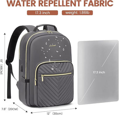 LOVEVOOK Laptop Backpack for Women 17.3 inch,Cute Womens Travel Backpack Purse,Professional Laptop Computer Bag,Waterproof Work Business College Teacher Bag Carry on Backpack with USB Port,Purple Gray