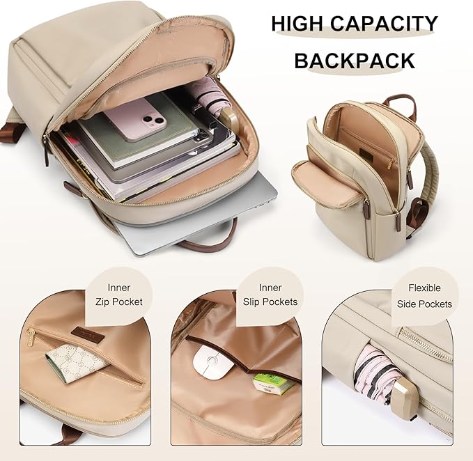 Laptop Backpack for Women Travel Work Commute Casual Daypack Backpack Purse Computer Bags Fit 14 Inch Notebook (Apricot)