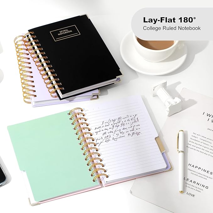 Hardcover Spiral Notebook with Tabs 5.5"x7.5" Small Spiral Lined Journals for Women with Dividers 220 Pages College Ruled Composition Notebook 5 Subject Notebook for Work, Back to School, Gifts, Black