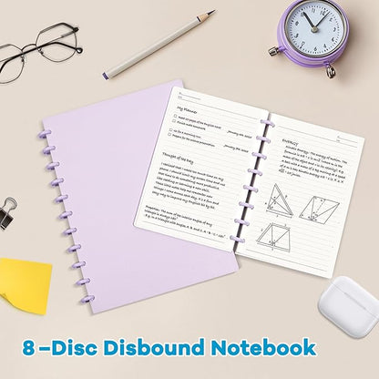 Discbound Notebook, 8-Disc Disbound Planner with Removable Pages, 180 Pages Spiral Notebook, Poly Cover Discbound Planner for Work, Travel, Note Taking(With Index Sticker),Purple,A4