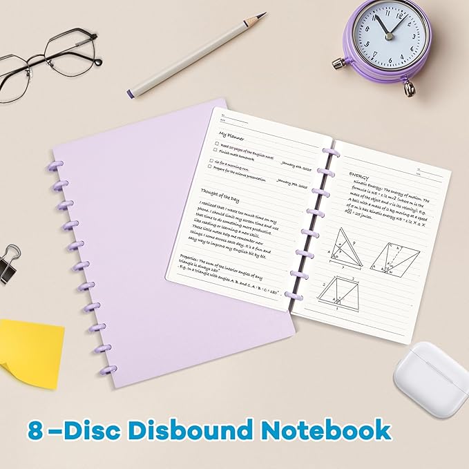 Discbound Notebook, 8-Disc Disbound Planner with Removable Pages, 180 Pages Spiral Notebook, Poly Cover Discbound Planner for Work, Travel, Note Taking(With Index Sticker),Purple,A5
