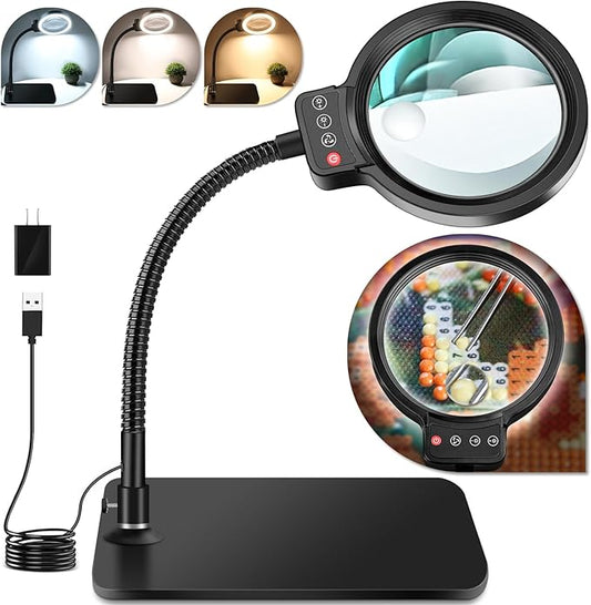 30X 10X Magnifying Glass with Light and Stand, 72 LED 3 Color Modes Stepless Dimmable, Hands Free Lighted Magnifier Desk Lamp for Close Work Craft Hobby Painting Sewing Jewelry Reading, Square