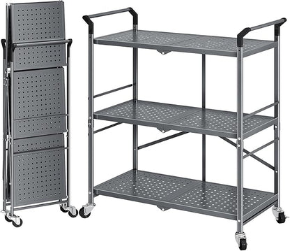 Rolling Utility Cart Folding Cart with Wheels - 3 Tier Collapsible Metal Cart, Large Capacity