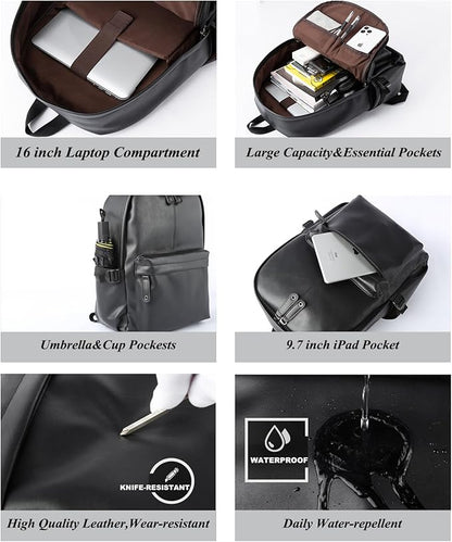 Pu Leather Laptop Backack For Men Women Classic Water-Resistant Purse Airplane Travel Backpacks Work Business Bag Black