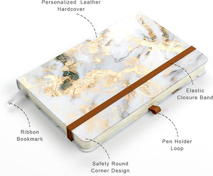 Small Notebook, Mini Pocket Journal A6 5.7" x 3.9", Leather Hardcover Journal with Pen Holder, 160 Thick Papers, Cute Lined Notebook Small Notepad for Women Writing Work Travel, White Marble
