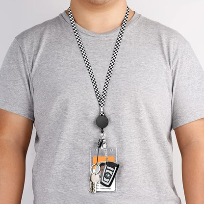 6 Pack Retractable Badge Lanyards and ID Badge Holder, Strap Lanyard with Swivel Metal Clasp for Badge Holders, Keychains, Offices, Staff, Students, Employees, Black White Chequer