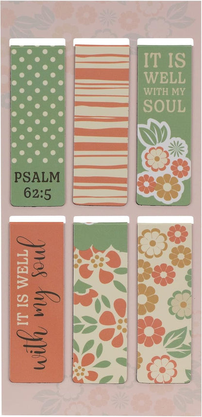Christian Art Gifts Magnetic Scripture Bookmark/Pagemarker Set for Women: It is Well with My Soul - Set of 6, Inspirational Scripture for Bibles, Fridges & Books, Multicolor Teal & Pink Floral, Small