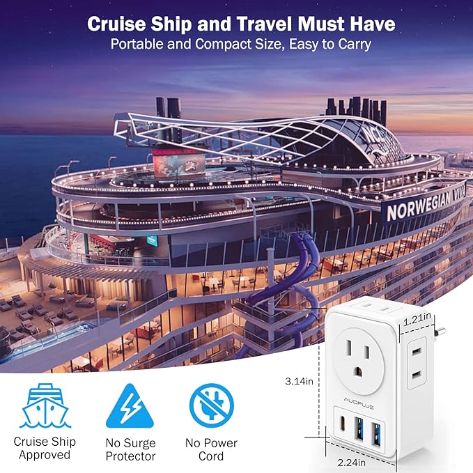 European Travel Plug Adapter, AUOPLUS International Power Plug Adapter with 3 USB Ports (1 USB C), 4 AC Outlets Cruise Ship Essentials for US to Most of Europe Spain Italy France Germany