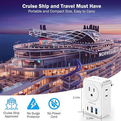 European Travel Plug Adapter, AUOPLUS International Power Plug Adapter with 3 USB Ports (1 USB C), 4 AC Outlets Cruise Ship Essentials for US to Most of Europe Spain Italy France Germany