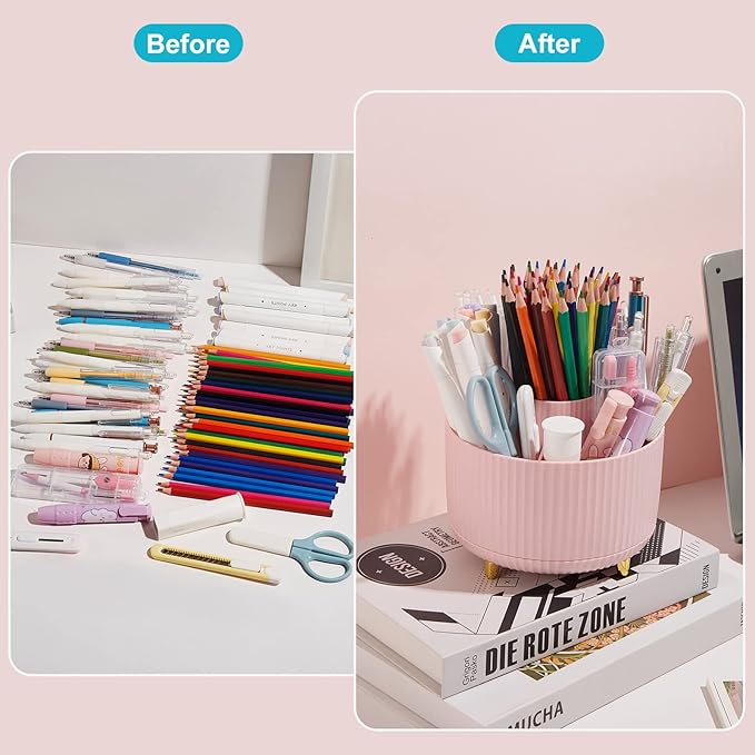 360 Degree Rotating Desk Pen Pencil Holder, 5 Slots Pencil Organizer Desk Organizers and Accessories, Cute Pen Holder for Desk, Pen Organizer Storage for Office School Home Pink
