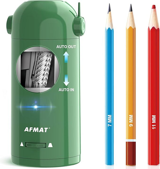 AFMAT Electric Pencil Sharpener for Colored Pencils 7-11.5mm, Fully Automatic Pencil Sharpener, Auto in & Out, Rechargeable Hands-Free Pencil Sharpener for Large Pencils, Sketch Pencils, Green
