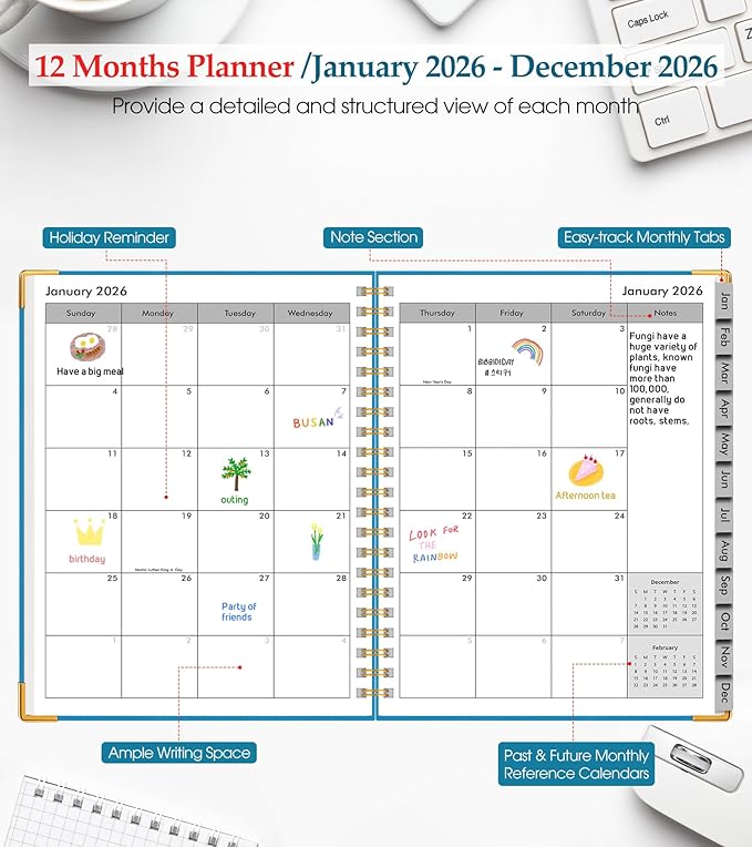 2026 Planner, Weekly and Monthly Calendar Planner from January 2026 - December 2026, 8.5" x 11" Hardcover Leather Hourly Appointment Book with Tabs, Spiral Daily Planners for College School Work Home, Sky Blue