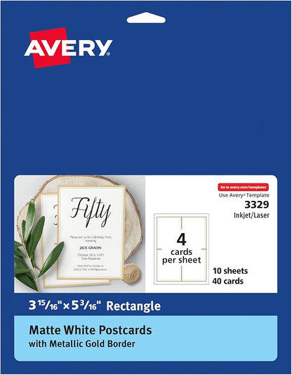 Avery Postcards with Metallic Gold Borders, 3-15/16" x 5-3/16", 40 Total, Laser/Inkjet Printable Postcards (3329)