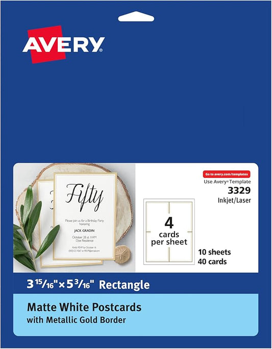 Avery Postcards with Metallic Gold Borders, 3-15/16" x 5-3/16", 40 Total, Laser/Inkjet Printable Postcards (3329)