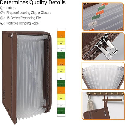 ENGPOW Accordion File Organizer,Fireproof 13 Pockets Expanding File Folder,Document Organizer Folder with Zipper＆Labels,Portable Home Travel Safe Storage for Letter A4 Files and More,Brown