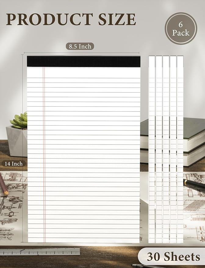 White Legal Pads 8.5 x 14, 6 Pack Wide Ruled Legal Notepads, White Note Pads 8.5 x 14 Writing Pads, Notebook Paper 8.5 x 14, Lined Tablets Notebook Pads of Paper, 70 GSM White Paper, 30 Sheets/Pad