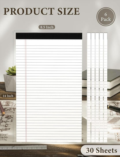 White Legal Pads 8.5 x 14, 6 Pack Wide Ruled Legal Notepads, White Note Pads 8.5 x 14 Writing Pads, Notebook Paper 8.5 x 14, Lined Tablets Notebook Pads of Paper, 70 GSM White Paper, 30 Sheets/Pad