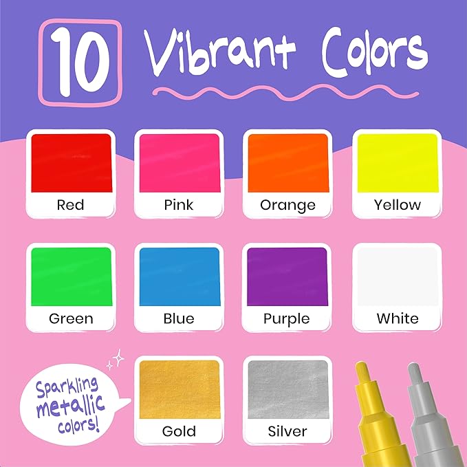 Liquid Chalk Markers (10 Pack) with Gold & Silver - Fine Tip Dry Erase Marker Pens for Blackboard, Windows, Chalkboard Signs, Bistro - 3mm Reversible Tip