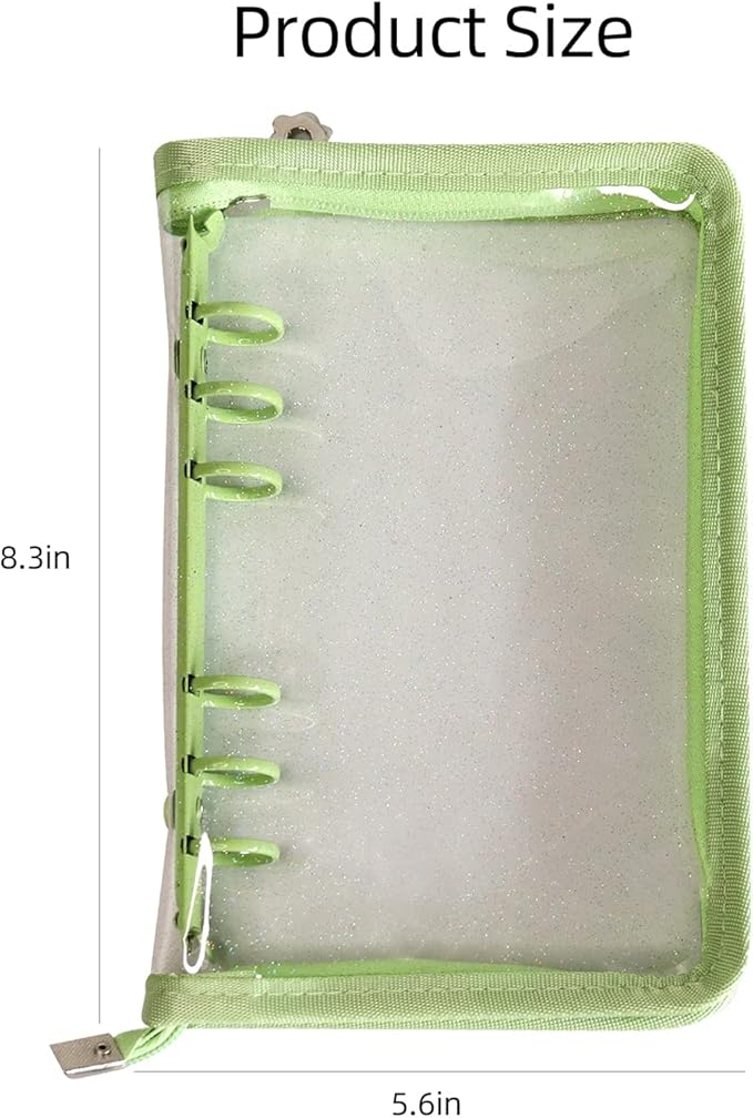 Multibey A5 Binder Cover Clear Soft PVC 6-Ring Binder Budget Cash Evelopes System with Zipper Planner Organizer Refillable Notebook Journal Binder (Grass Green, A6)