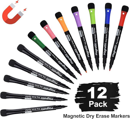Magnetic Dry Erase Markers, Fine Tip Low Odor Whiteboard Markers for Kids & School, Work On White board & Calendar, Refrigerator (12 Pack)