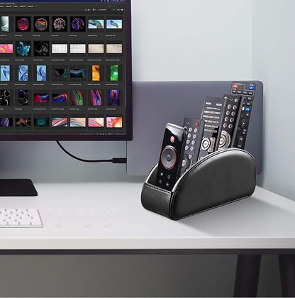 All-in-One Leather TV Remote Control Holder Black with 5 Compartments Nightstand Desktop DVD Media Player Remote Caddy Storage Box Organizer Tray For Makeup Brush Pen Stationary Table Controllers